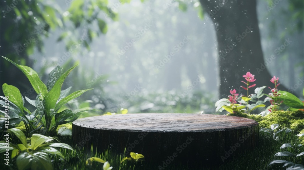Aufkleber a rustic podium made of wood sits amidst lush green plants and delicate flowers in a tranquil forest