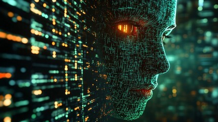 A futuristic depiction of a digital humanoid face, illuminated by glowing data streams, representing artificial intelligence and technology.