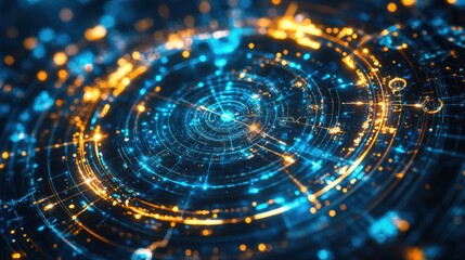 Futuristic digital interface with glowing blue and orange circuit patterns