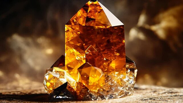 Two smoky quartz gems, amber and translucent, are dramatically lit against a dark, smoky background. The crystals' facets sparkle