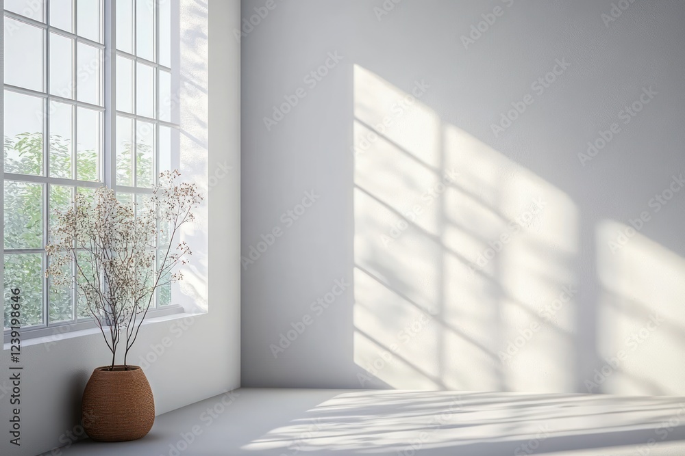 Poster minimalist scandinavian design interior with soft natural light and shadows in an empty white room