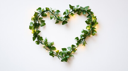 Green leaves formed into a heart-shaped wreath, illuminated by warm white lights, perfect for home decor or special occasions