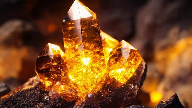 Close up view of smoky quartz crystals, glowing amber and gold, nestled in dark, rough rocks. Intense lighting highlights the gem's facets