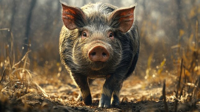 Close-up of a pig in a forest clearing on a sunny day