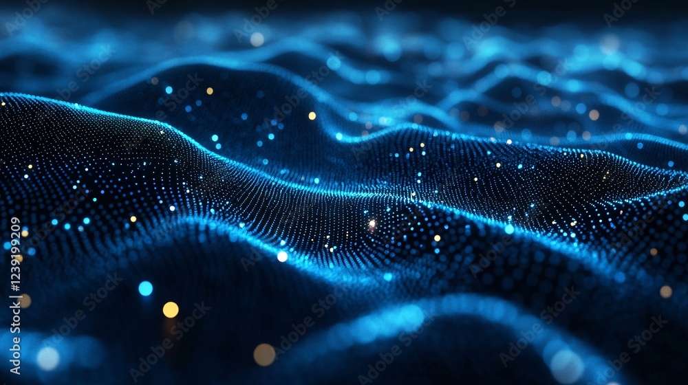Aufkleber a mesmerizing digital landscape of blue waves illuminated by scattered light particles, creating a s
