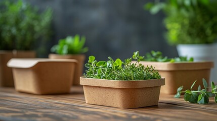 Fototapeta premium A collection of small potted herbs on a wooden surface, featuring fresh greenery in natural containers, creating a serene and inviting indoor garden atmosphere.