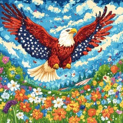 Fototapeta premium American Bald Eagle Soaring Above Vibrant Wildflowers