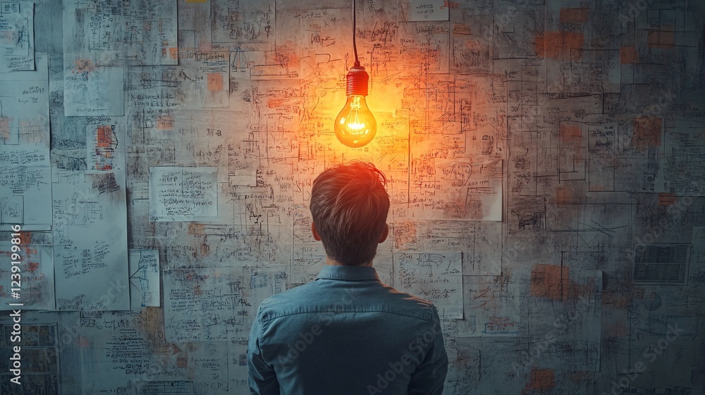Poster a person stands in front of a wall filled with papers, illuminated by a glowing light bulb, creating