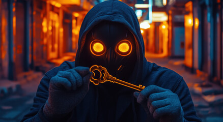 A mysterious hooded figure with glowing eyes stands in a shadowy alley, gripping an ornate key, suggestive of secrets and intrigue