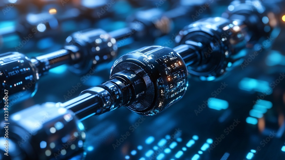 Poster a close-up image of futuristic, interconnected mechanical components with glowing elements, depictin
