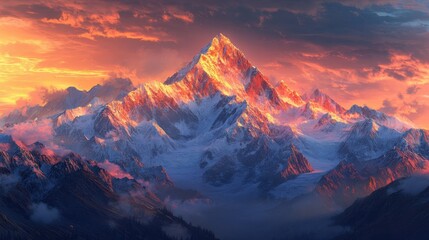 Majestic sunset over snow-capped mountain peaks with dramatic sky and clouds