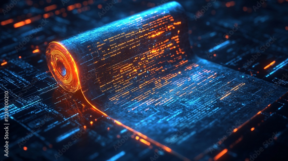 Aufkleber a futuristic digital roll displays glowing data patterns against a dark, grid-like background, sugge