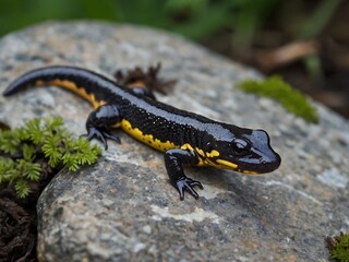 Obraz premium Close-Up of a Black and Yellow Salamander in Its Natural Forest Habitat