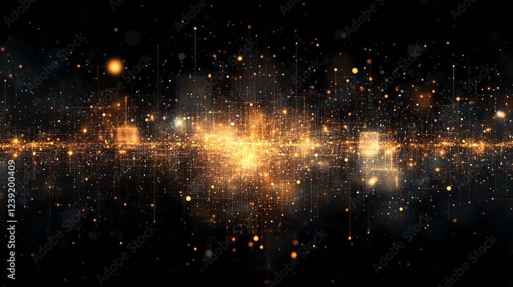 Poster a dazzling display of golden particles and lights against a dark background, creating a mesmerizing 