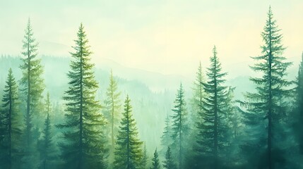 Fototapeta premium Serene Watercolor Painting Of Misty Mountain Forest