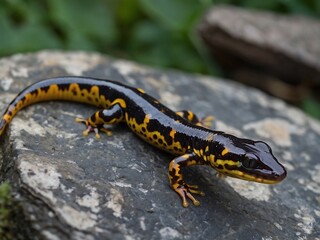 Obraz premium Close Up of Black and Yellow Salamander in Rocky Forest Habitat Wildlife Photography
