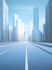 the road is clean without lines, there are buildings on both sides, urban background, blue sky