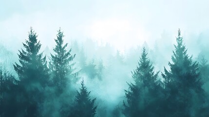 Fototapeta premium Misty Forest Scene With Tall Evergreen Trees