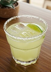 Margarita Cocktail with Lime Wedge and Salt Rim on Wooden Table Close Up in Restaurant