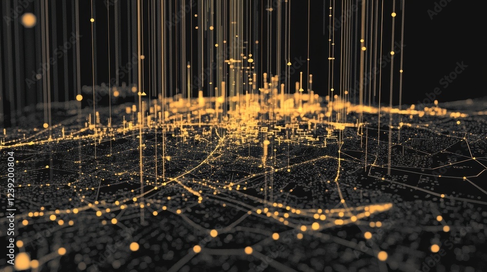 Poster complex network of interconnected lines and glowing dots representing data exchange and innovation w