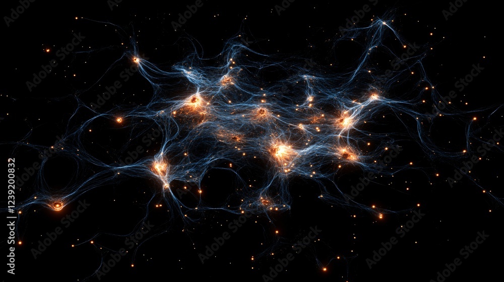 Poster a visually stunning representation of cosmic structures, showcasing luminous nodes interconnected by