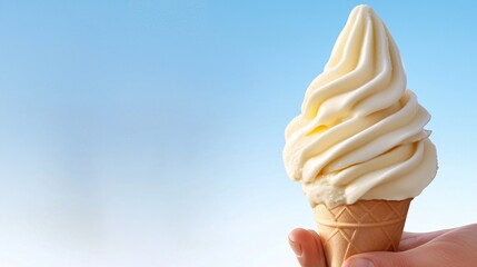 holding a vibrant swirl of vanilla soft serve ice cream against a clear blue sky. Soft serve ice cream 