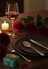 Obraz premium Romantic table setting with rose wine, gift box, and red roses for romantic dinner
