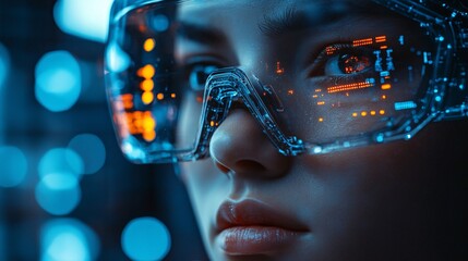A futuristic close-up of a human-like figure wearing advanced glasses with digital displays, illuminated by vibrant blue and orange lights.