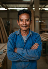 Obraz premium Confident Southeast Asian carpenter stands in his workshop with arms crossed smiling