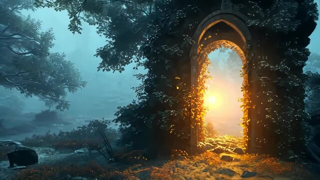 ancient wood vine gate open to other world, other dimension, warp portal in forest with light glow 