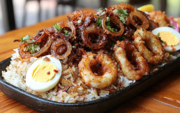 A glowing platter of Andhra-style biryani topped with fried onions, boiled eggs, and slices of lemon, served with spicy mirchi ka salan and cool raita. The vibrant spices enhance the visual 