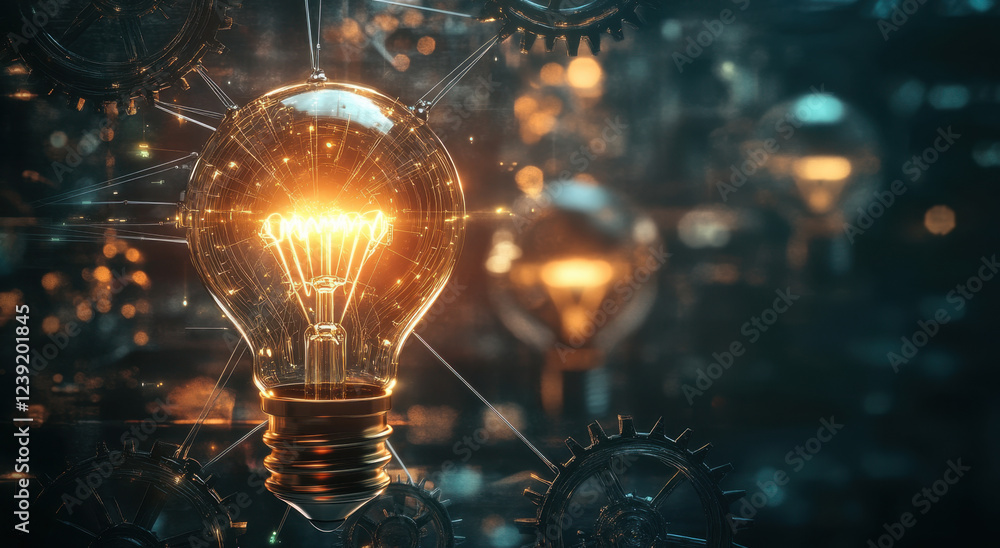 Poster Bright light bulb shines surrounded by interconnected gears and cogs, creating a fusion of creativity and mechanics in a captivating design
