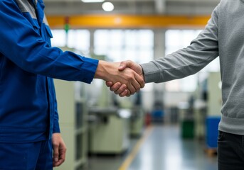Close up of a firm handshake between two professionals in a factory setting