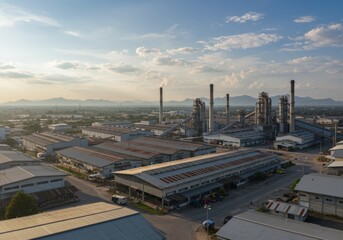 Obraz premium Aerial view of sprawling industrial plant complex with multiple buildings and chimneys