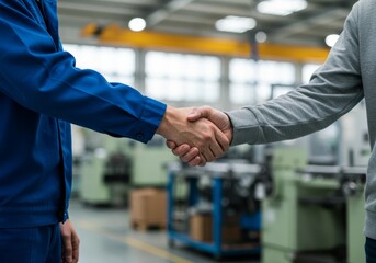 Two people shake hands in a factory symbolizing an agreement, partnership and teamwork