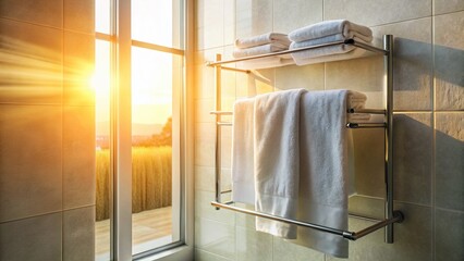 Silhouetted White Bath Towels Hanging on a Bathroom Door, Backlit Glass Shower Door