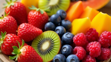 Obraz premium Delicious and colorful fruit medley arranged on a textured surface