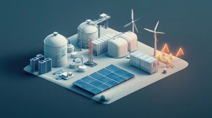A 3D isometric mockup illustrating hydrogen storage tanks, solar panels, wind turbines, and a battery system, representing a renewable energy grid for smart cities and electric vehicles