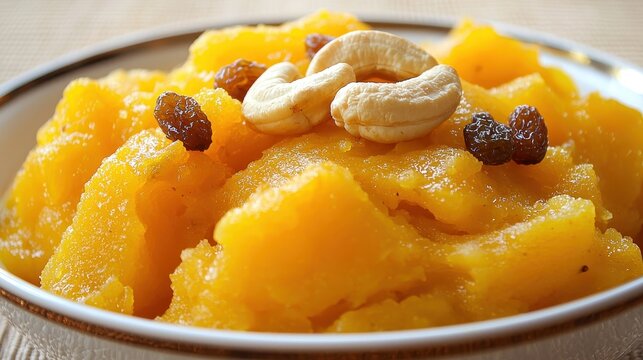 A macro shot of freshly made glowing gajar ka halwa, garnished with fried cashews and raisins, with the bright orange hue of the dessert adding warmth. The glossy texture enhances the festive 