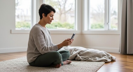 Serene Moment with Smartphone: A woman sits in a relaxed posture, engrossed in her smartphone. Natural light fills the room, highlighting a moment of tranquility and modern connectivity. 