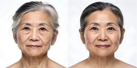 Before and after: Asian woman with deep wrinkles before and after Botox treatment rejuvenation effect high resolution