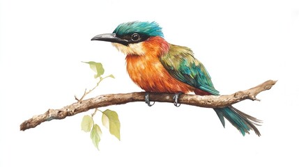 Colorful bird perched on branch, nature background, wildlife illustration