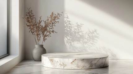 Minimalist marble display pedestal with textured vase and dry branches in sunlit modern interior