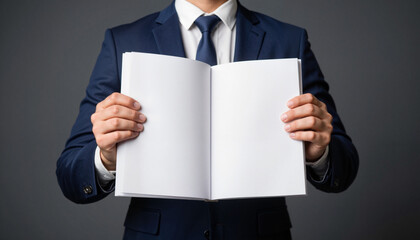 Professional man displaying open paper sheet in studio setting, branding