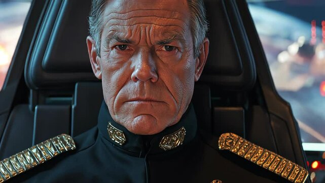 close up face retro futurism theme, military commander middle age Caucasian man sitting in spaceship 