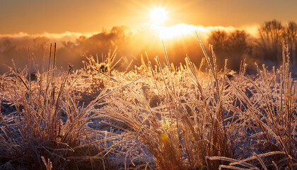 golden grass in iciness at sunrise