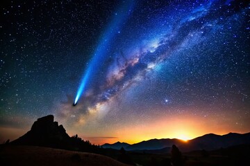 Silhouette of Comet Streaking Across Night Sky, Starry Background