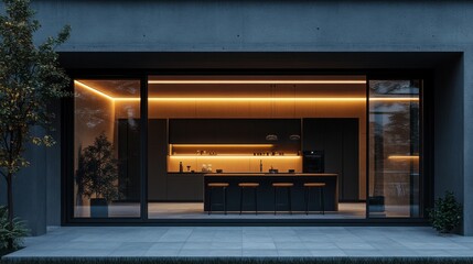 Modern minimalist kitchen design with ambient lighting in elegant urban home