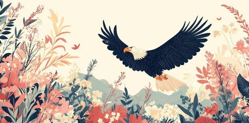 Obraz premium Majestic Bald Eagle Soaring Above Vibrant Floral Landscape