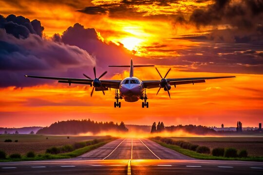 Silhouette of Dash 8 Q400 landing at Borispol Airport, Ukraine during sunset.